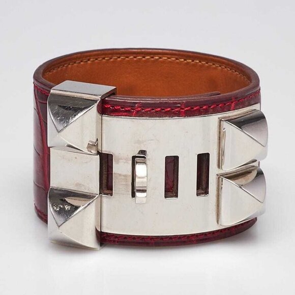 Hermes Rouge Vif Shiny Lisse Alligator Palladium Plated Collier de Chien - Picture 8 of 8